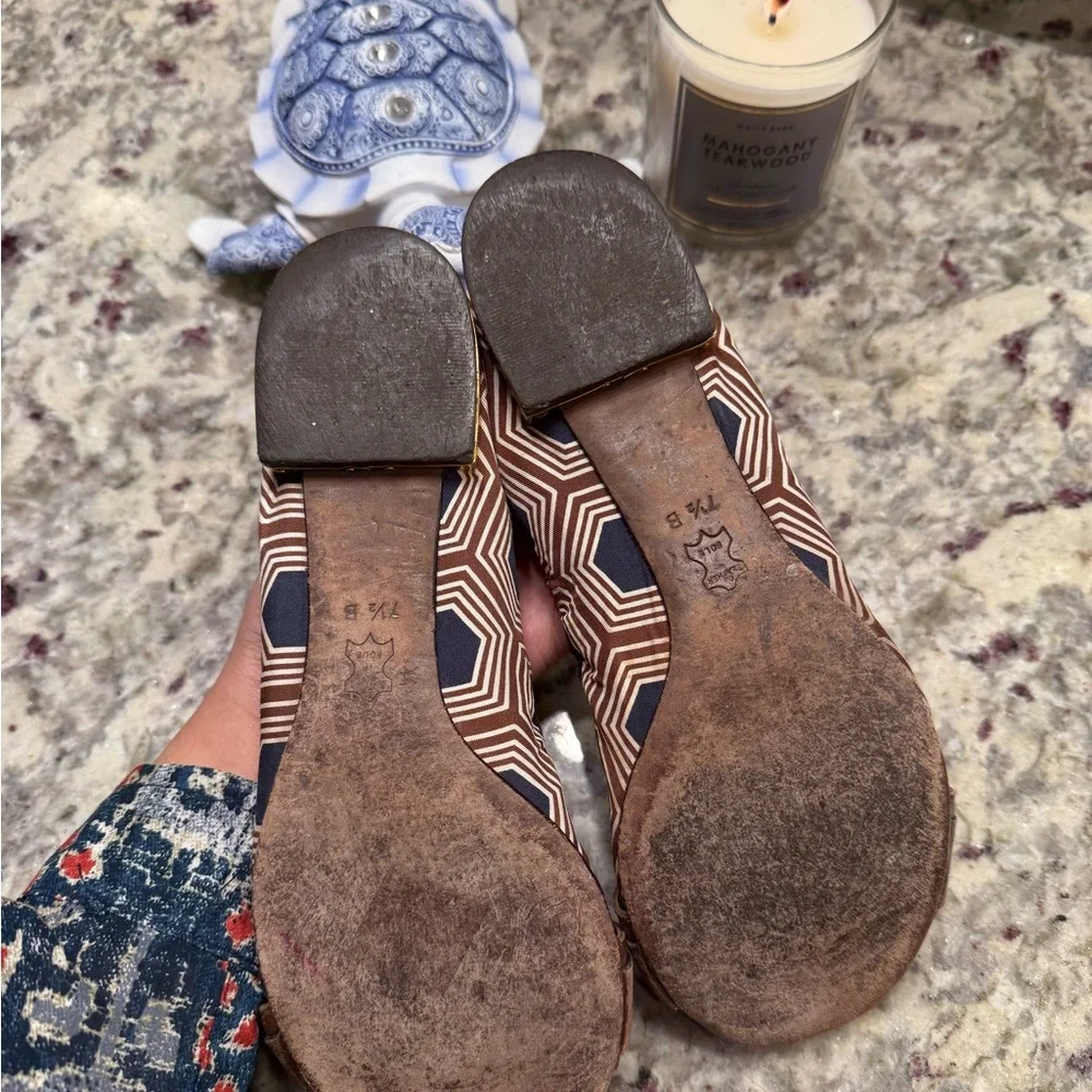 Tory Burch Brown Navy Geometric Ballet Flats with Gold Buckle